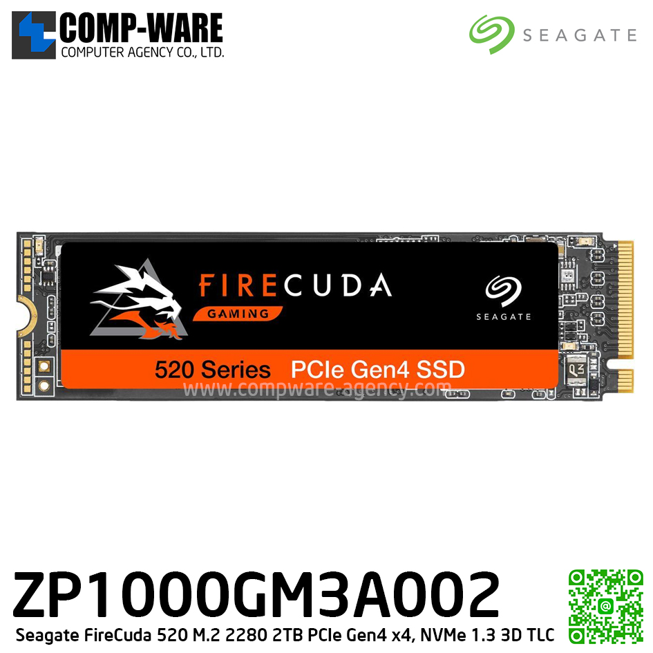 Seagate FireCuda 520 SSD 1TB, M.2 2280 PCIe Gen4 x4, NVMe 1.3 3D TLC , Read 5,000 Mb/s ,Write 4,400 Mb/s, 5 Year Warranty - ZP1000GM3A002