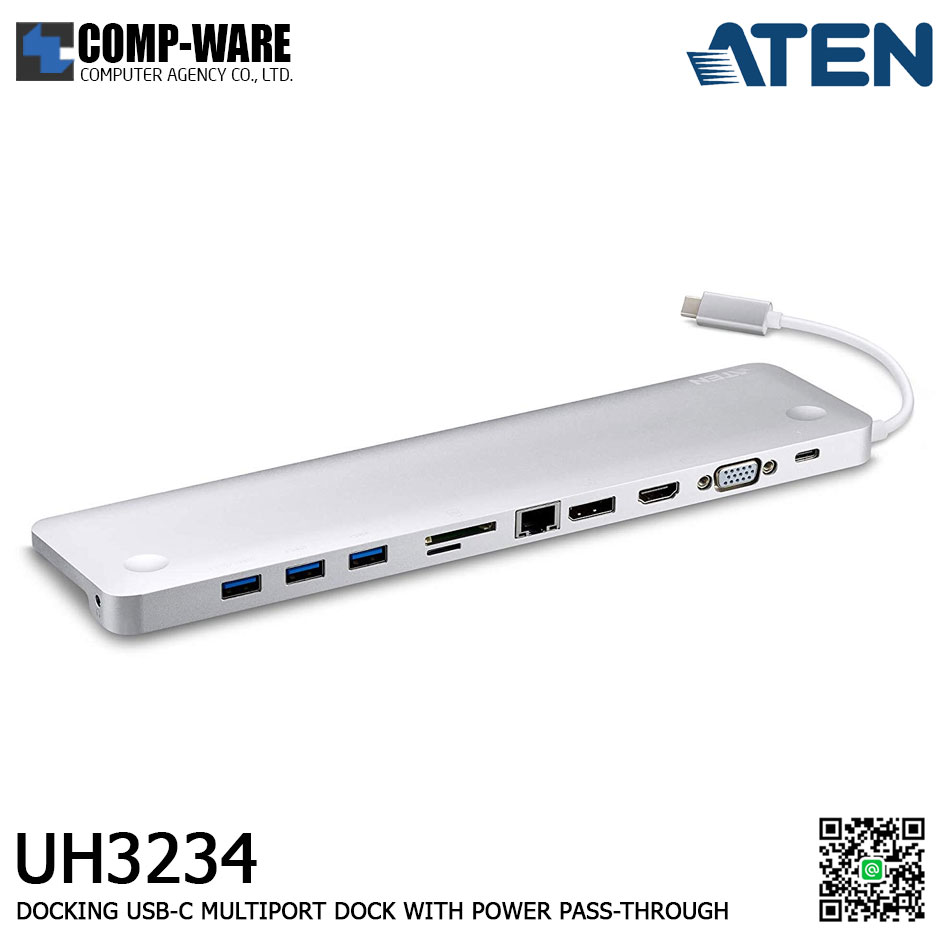 ATEN DOCKING USB-C MULTIPORT DOCK WITH POWER PASS-THROUGH ALUMINUM รุ่น UH3234 สีเงิน ประกัน 3 ปี