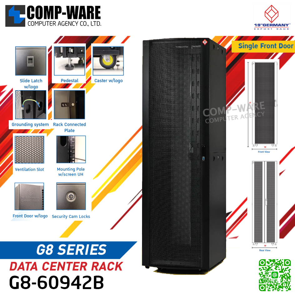 19" GERMAN G8-60942B DATA CENTER RACK 42U, ลึก 90cm. Black (60cm*90cm*205cm) รุ่น G8 Series Single Front Curve Perforate Door // ตู้เปล่าเท่านั้นไม่มีอุปกรณ์เสริม