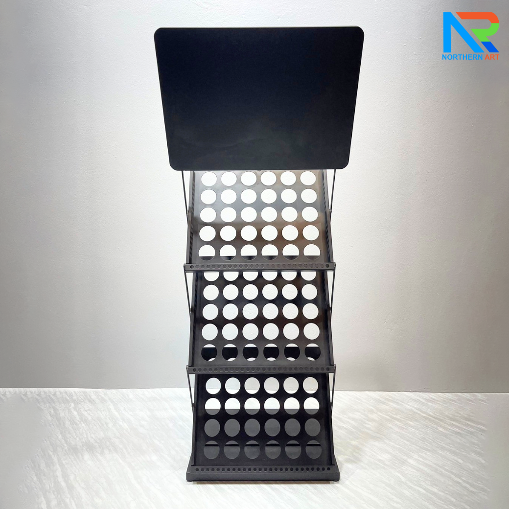 ชั้นวางโบรชัวร์เหล็กพร้อมTOPไม้สีดำ พับเก็บได้ ช่องใส่โบชัวร์ ขนาด A3 มี 3 ช่อง