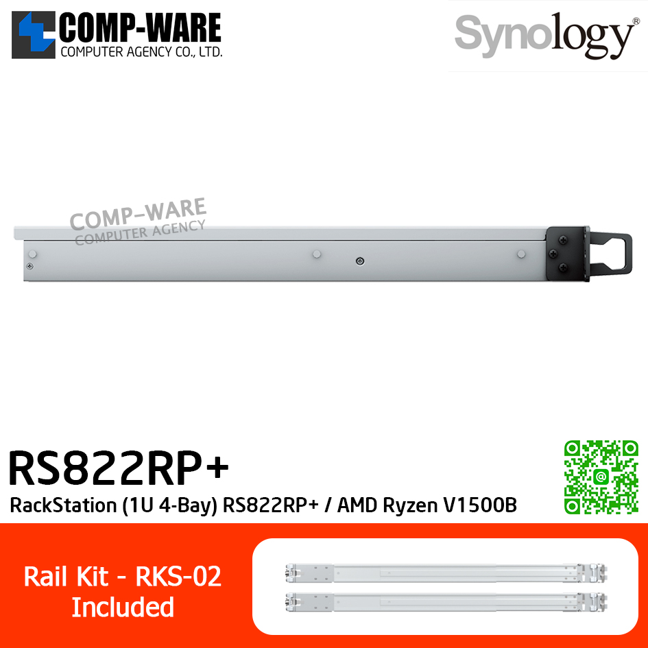 Synology RackStation (1U 4-Bay) RS822RP+ / AMD Ryzen V1500B / 2GB DDR4 ECC SODIMM / 4 x 3.5" SATA HDD or 2.5" SATA SSD / 4 x RJ-45 1GbE / Redundant PSU / with Rail Kit RKS-02 / No HDD / 3Y Warranty