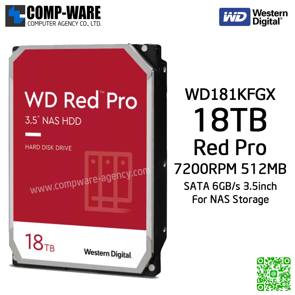 WD Red Pro 18TB NAS Hard Disk Drive - 7200RPM SATA 6Gb/s 512MB Cache 3.5Inch - WD181KFGX