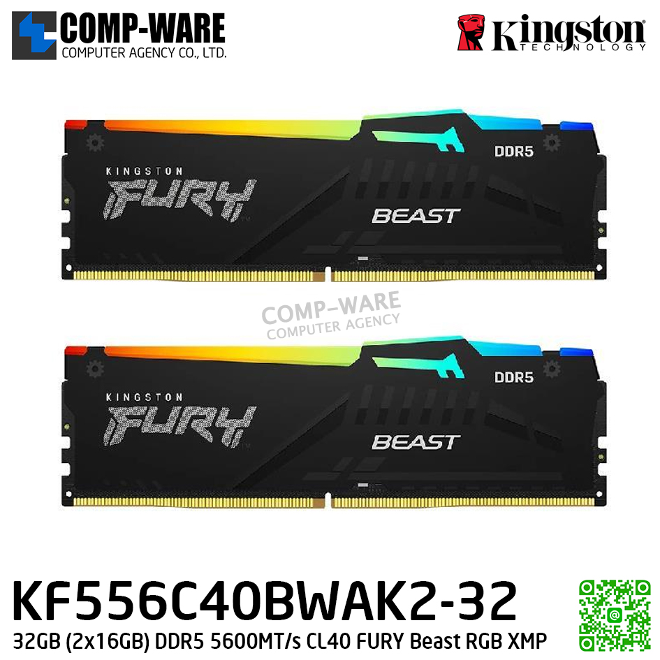Kingston KF556C40BWAK2-32 32GB (2x16GB) DDR5 5600MT/s CL40 FURY Beast RGB XMP - Lifetime Warranty - Memory Module - RAM