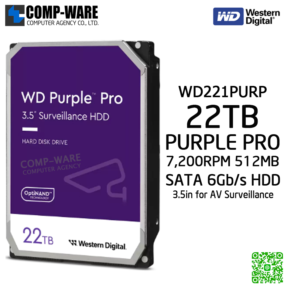WD PURPLE PRO 22TB AV Surveillance Hard Disk Drive - 7200RPM SATA 6Gb/s 512MB Cache 3.5Inch - WD221PURP