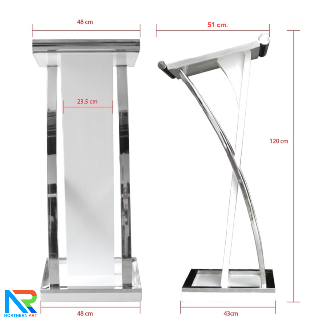 โพเดียมไม้จริง สีขาว PD-01 ขนาด (W) 48x (L) 51 (H) 120 cm Top หุ้มสแตนเลส เกรด 304 พร้อมตกแต่งเสาโค้งสแตนเลส