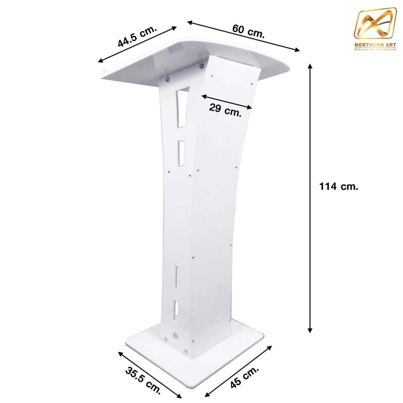 เช่าโพเดียม อะคริลิคสีขาว AC-14 ขนาด TOP (W)60 x (L)45 สูง (H)114 cm. พร้อมชั้นวางของ