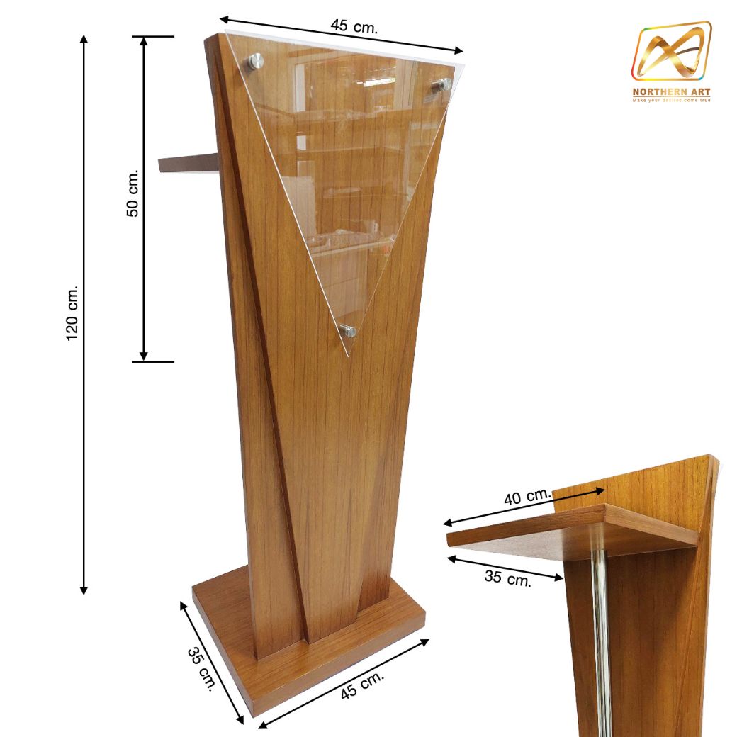 โพเดียมลายไม้สีสัก ทรงสามเหลี่ยม ขนาด (W) 45 x (L) 35 x (H) 118 cm. ด้านหน้าอะคริลิคใส ติดหมุด สำหรับติดโลโก้