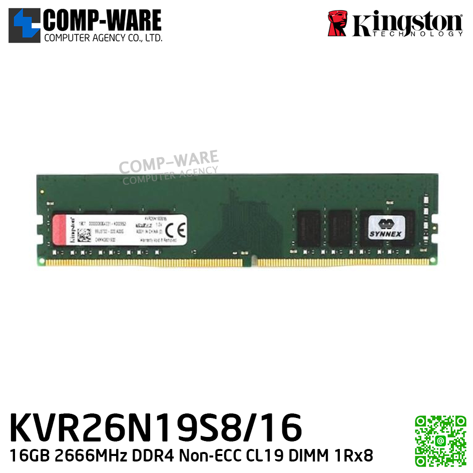 Kingston KVR26N19S8/16 16GB 2666MHz DDR4 Non-ECC CL19 DIMM 1Rx8 - Lifetime Warranty - Memory Module - RAM