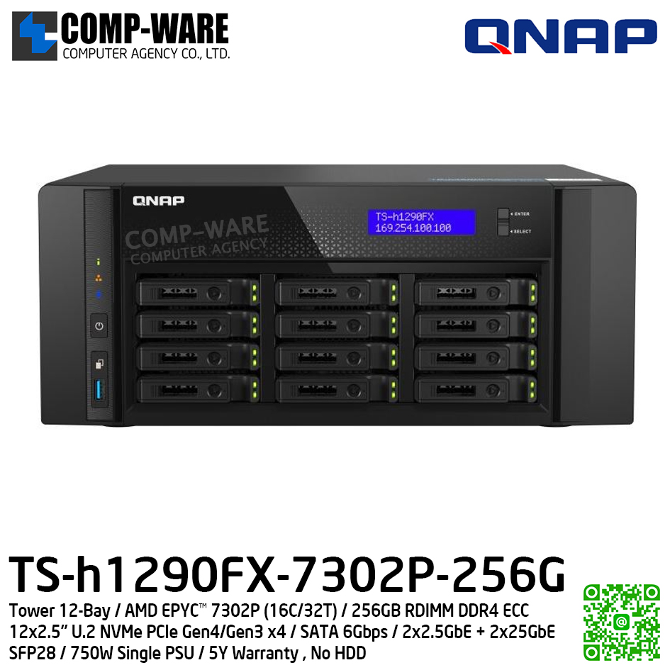QNAP (Tower 12-Bay) TS-h1290FX-7302P-256G / AMD EPYC™ 7302P (16C/32T) / 256GB RDIMM DDR4 ECC (8 x 32GB) / 12 x 2.5" U.2 NVMe PCIe Gen4/Gen3 x4 / SATA 6Gbps / 2 x 2.5GbE + 2 x 25GbE SFP28 / 750W Single PSU / 5Y Warranty , No HDD
