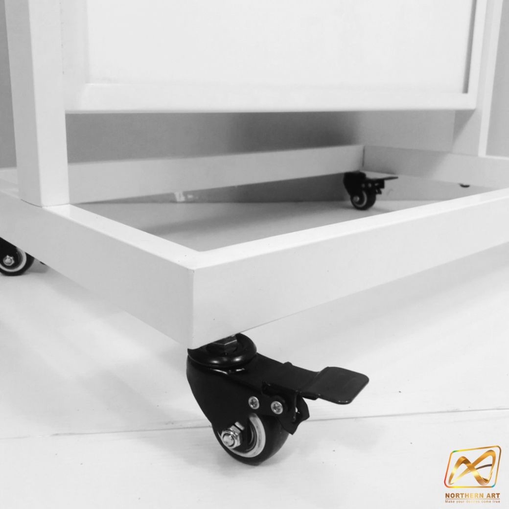 ป้ายตั้งพื้นเหล็ก กรอบคู่ สีขาว มีล้อ (W) 58 × (L) 73 x (H) 160 cm. สอดงานด้านบน โชว์ภาพ2ด้าน ถอดประกอบได้