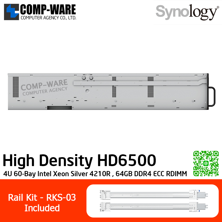 Synology High Density (4U 60-Bay) HD6500 / Intel Xeon Silver 4210R / 64GB DDR4 ECC RDIMM / 60 x 3.5" SAS HDD or 2.5" SATA SSD / 2 x RJ-45 1GbE , 2 x RJ-45 10GbE / Redundant PSU / Rail Kit RKS-03 / No HDD / 5Y Warranty
