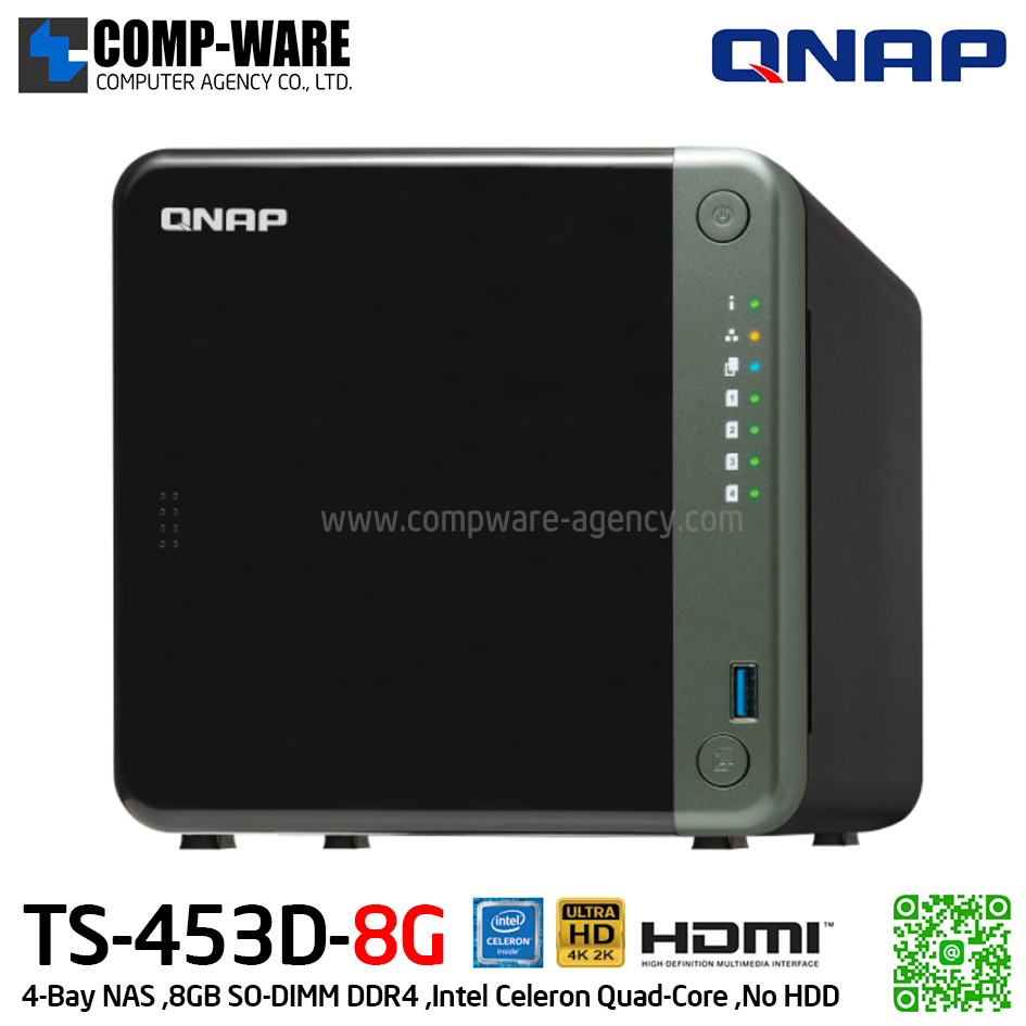 QNAP NAS (4-Bay) TS-453D (8GB RAM) Intel Celeron Quad-Core ,No HDD รับประกัน 3ปี (สามารถเพิ่มประกันตัวเครื่องเป็น 5ปีได้-option)