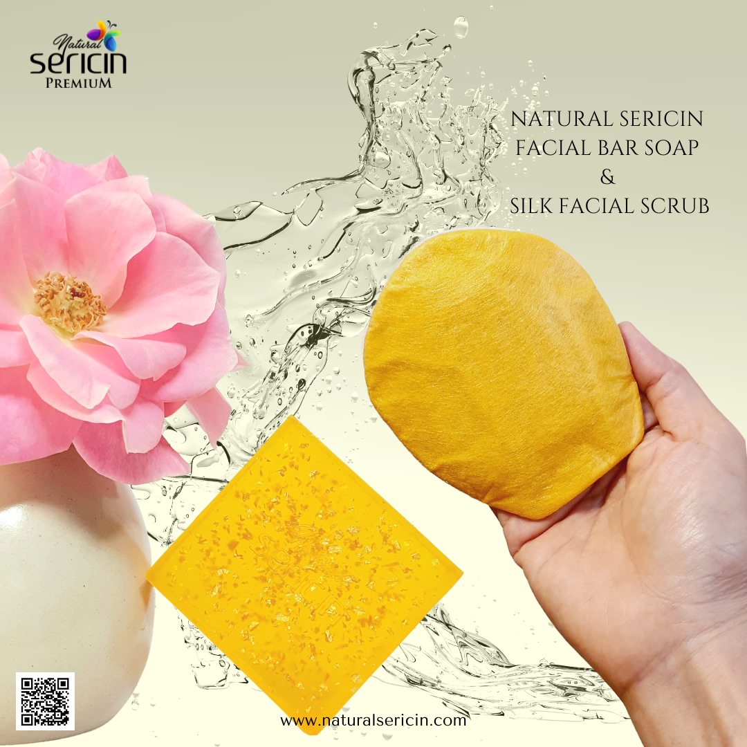 Reusable Natural Silk Sericin Exfoliating Cleansing Facial Pad & Facial bar soap ชุดทำความสะอาดผิวหน้า สบู่โปรตีนไหมทองคำ&พัฟขัดหน้าใยไหมทองคำ 1+2