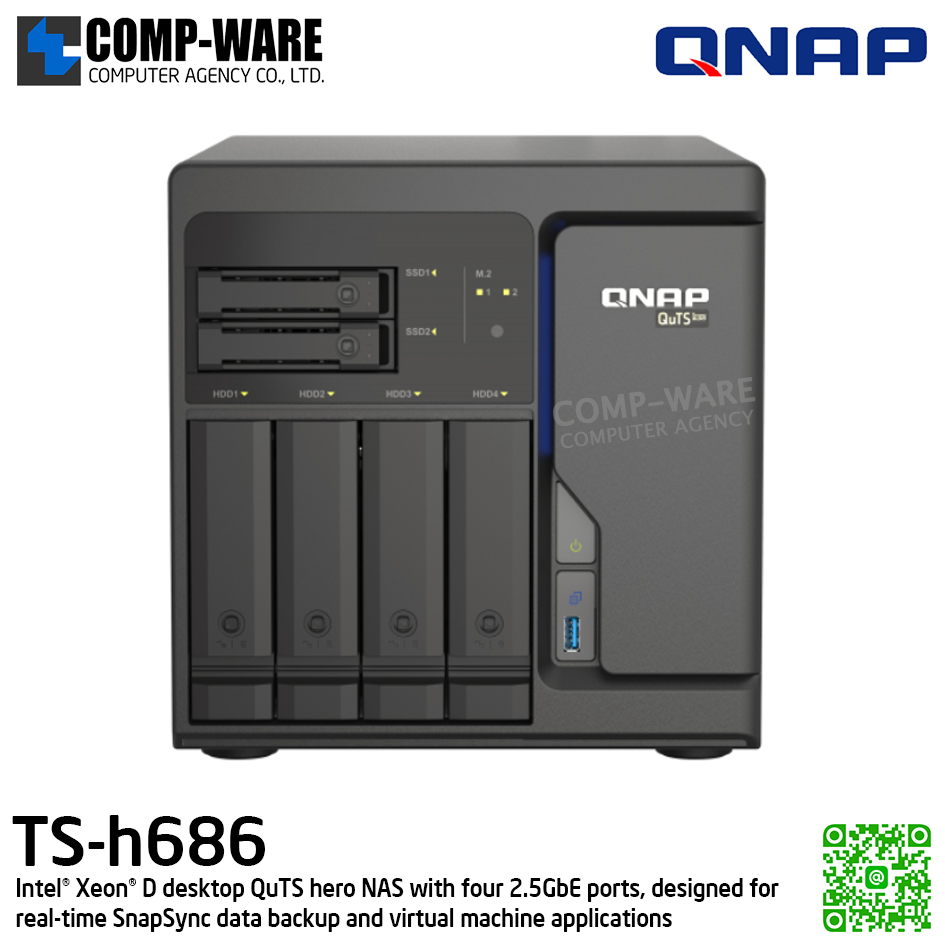 QNAP (Tower 4+2Bay) TS-h686-D1602-8G / Intel Xeon D-1602 (2Core) / 8GB DDR4 ECC / 4 x 3.5-inch SATA 6Gb/s + 2 x 2.5-inch SATA 6Gb/s / 4 x 2.5GbE, supports 5GbE & 10GbE / 250W Single PSU / 3Y Warranty , No HDD