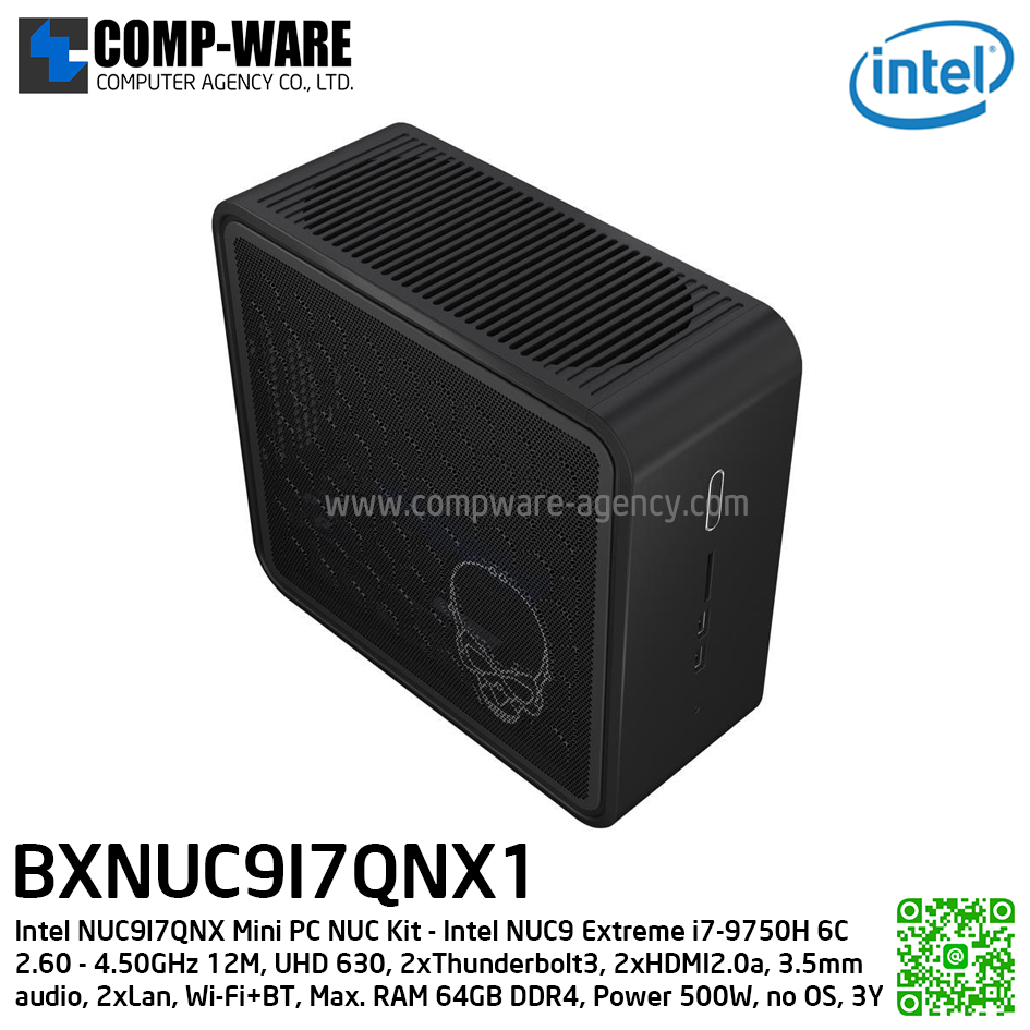 Intel NUC9I7QNX Mini PC NUC Kit - (เครื่องเปล่า) Intel NUC9 Extreme i7-9750H 6C 2.60 - 4.50GHz 12M, UHD 630, 2xThunderbolt3, 2xHDMI2.0a, 3.5mm audio, 2xLan, Wi-Fi+BT, Power 500W, no OS, 3Y (รองรับการ์ดจอแยก) BXNUC9I7QNX1