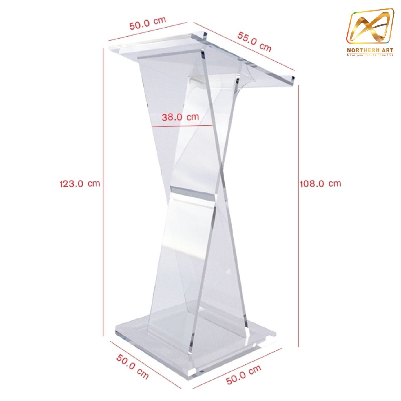 โพเดียม ให้เช่า อะคริลิคทรง X หนา 15 มม. ขนาด 50x55x123 ซม. พร้อมบริการรับ-ส่ง กทมฯและปริมณฑล