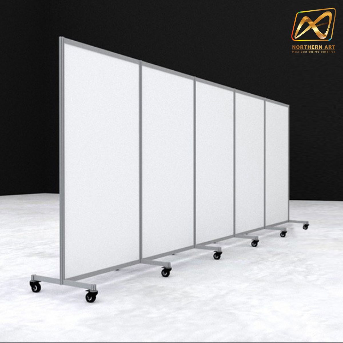 บอร์ดจัดนิทรรศการ บอร์ดอะลูมิเนียม ตั้งตรงต่อเนื่อง 5 บาน ขนาด 100x200 ซม. ถอดประกอบได้ พร้อมล้อเลื่อน พับได้ เคลื่อนย้ายสะดวก