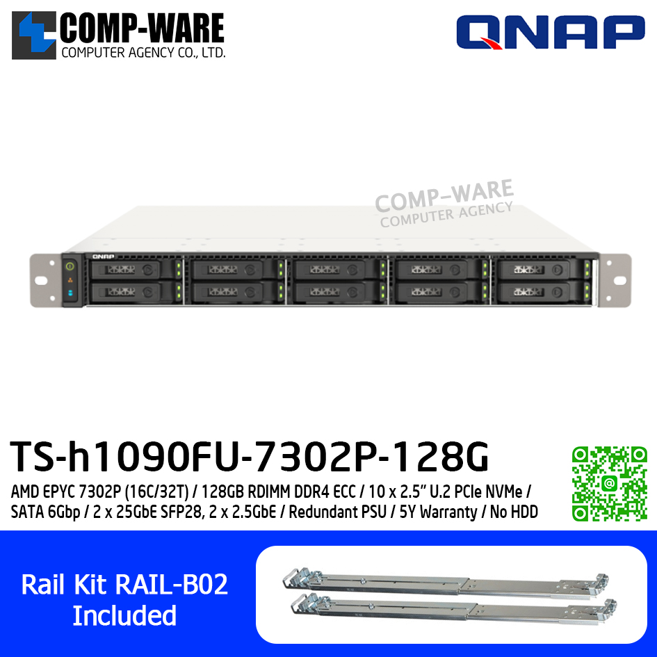QNAP (1U 10-Bay) TS-h1090FU-7302P-128G / AMD EPYC 7302P (16C/32T) / 128GB RDIMM DDR4 ECC / 10 x 2.5" U.2 PCIe NVMe / SATA 6Gbp / 2 x 25GbE SFP28, 2 x 2.5GbE / Redundant PSU / 5Y Warranty / No HDD / Rail Kit RAIL-B02
