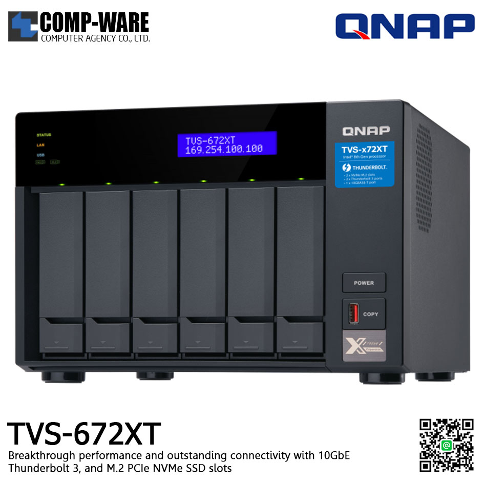 QNAP NAS (6-Bay) TVS-672XT Core i3-8100T (8GB RAM) Thunderbolt™3, M.2 SSD Slot, 10GbE - No HDD - TVS-672XT-i3-8G