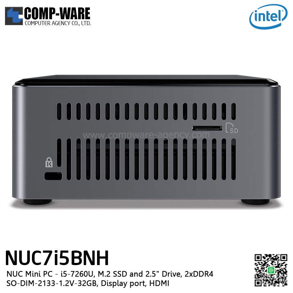 Intel NUC7I5BNH NUC Mini PC - i5-7260U, M.2 SSD and 2.5" Drive, 2xDDR4 SO-DIM-2133-1.2V-32GB, Display port, HDMI BOXNUC7I5BNH