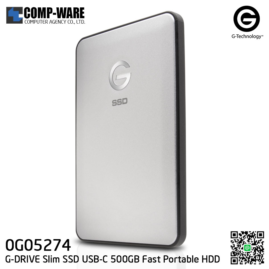 G-Technology G-DRIVE Slim SSD USB-C 500GB Fast Portable Hard Drive Silver - 0G05274