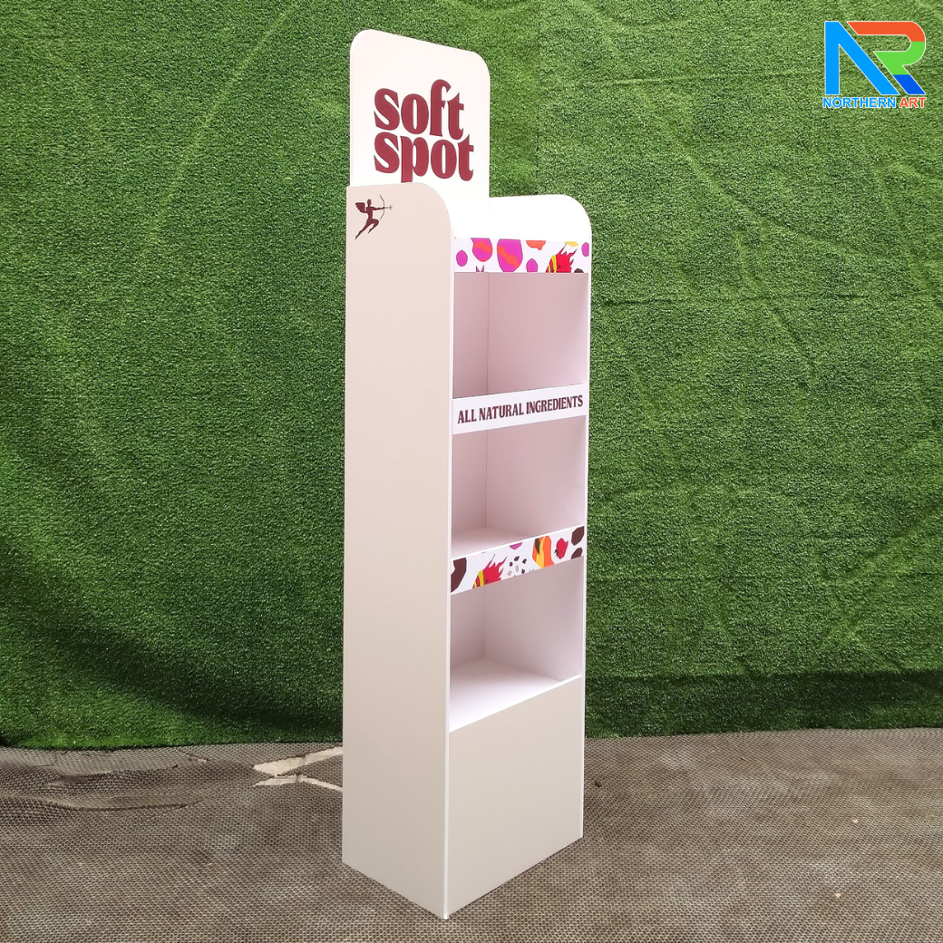 ชั้นวางสินค้าพลาสวูด 4 ชั้น ขนาด (W)36.5 x (D)25 x (H)145 ซม. พลาสวูดหนา 8 มม.พร้อมงานพิมพ์สติ๊กเกอร์