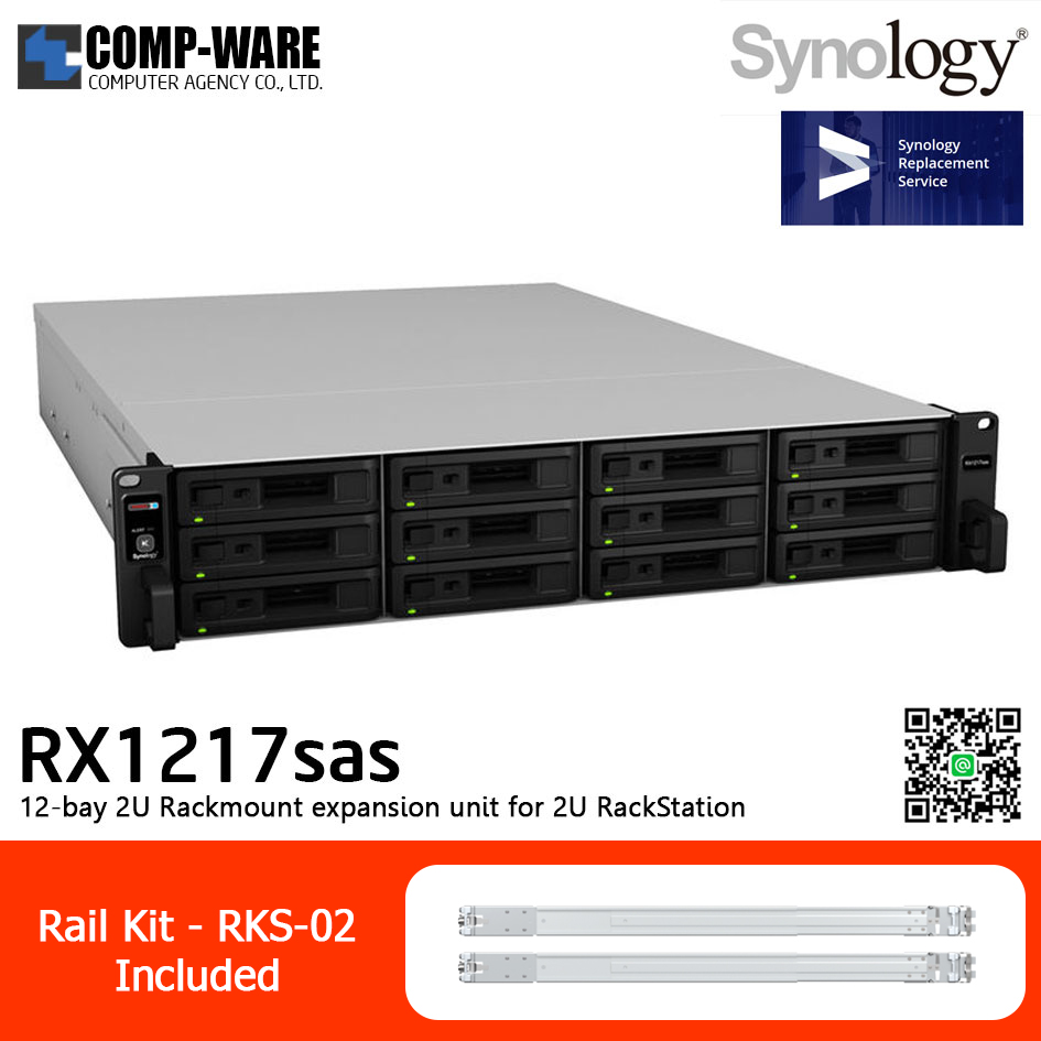 Synology Expansion Unit (2U 12-Bay) RX1217sas / Rail Kit RKS-02 / No HDD / 5 Year Warranty