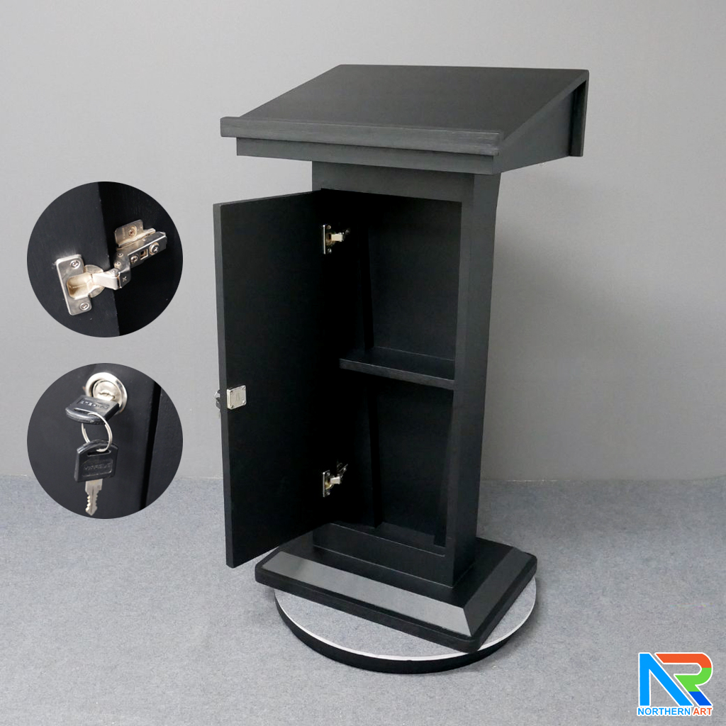 โพเดียมไม้ สีดำ รุ่น PD-WJ-02 ขนาด (W)58 x (L)46.5 cm. สูง 115 cm. ทรงโมเดิร์น TOP เอียง พร้อมตู้ใส่ของมีกุญแจล็อค