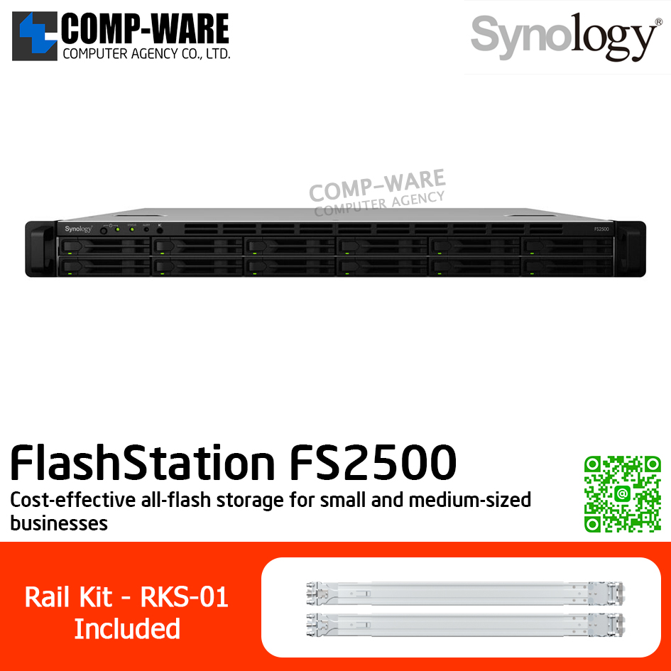 Synology FlashStation (1U 12-Bay 2.5'' SATA SSD All-flash storage) FS2500 / AMD Ryzen V1780B / 8GB DDR4 ECC UDIMM (Max. 32GB) / 2x1GbE Base T, 2x10GbE Base T / Redundant Power / Rail kit RKS-01 / No HDD / 5Y Warranty