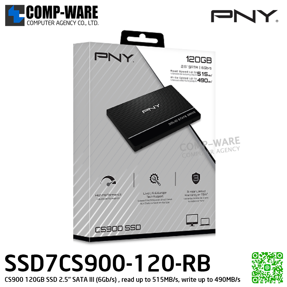 PNY CS900 120GB SSD 2.5" SATA III (6Gb/s) , read up to 515MB/s, write up to 490MB/s , SSD7CS900-120-RB / 3Y Warranty / Internal SSD