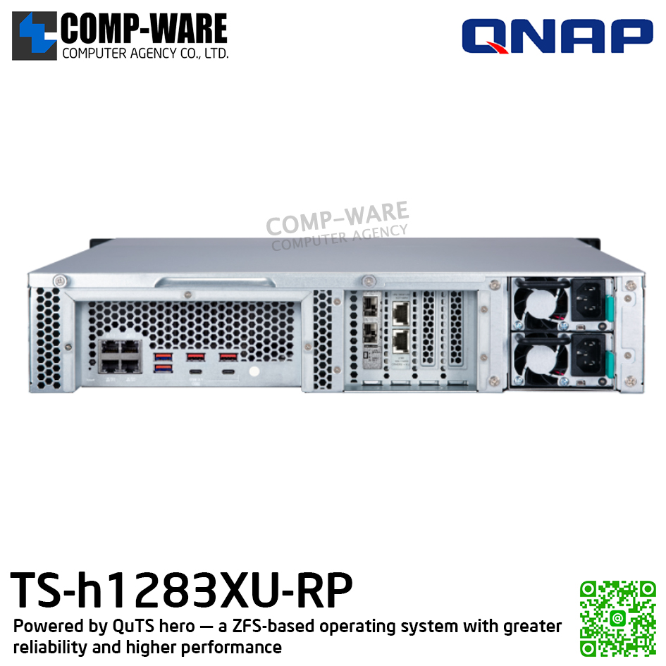 QNAP (2U 12-Bay) TS-h1283XU-RP-E2236-32G / Intel Xeon E-2236 (6Core) / 32GB UDIMM DDR4 ECC / 12 x 2.5"/3.5" SATA 6Gbps / 4 x GigaLan, 2 x 10GbE SFP+ SmartNIC, 2 x 10GBase-T / 500W Redundant PSU / 3Y Warranty / No HDD / Rail Kit RAIL-B02