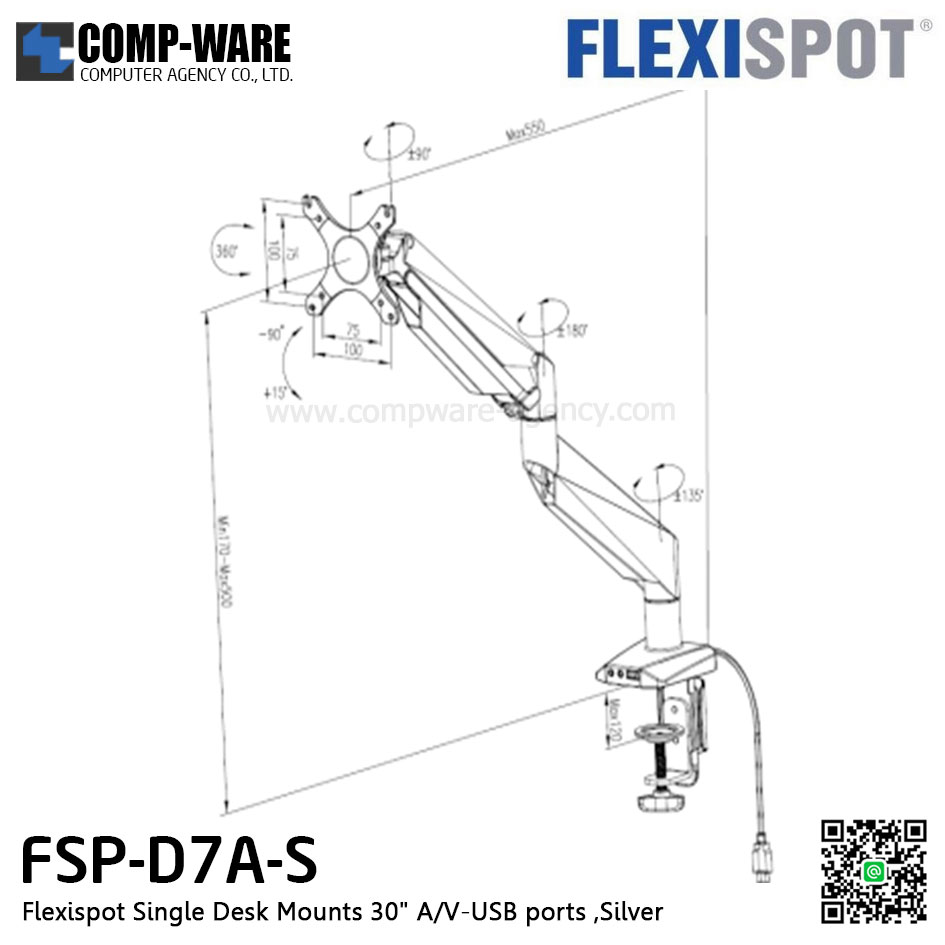 Flexispot FSP-D7A-S Single Desk Mounts 30" A/V-USB ports ,Silver