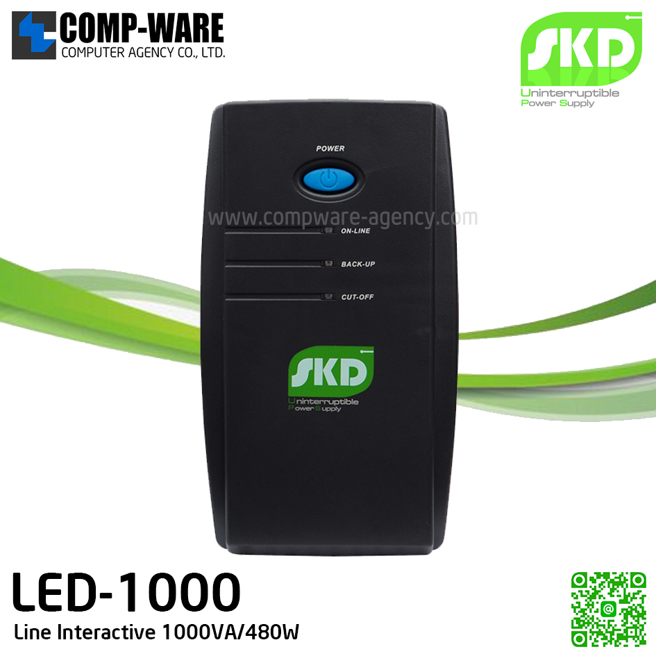 SKD UPS LED-1000 1000VA/480W, Batt 12V8Ah*1, Hot-swap Battery, Backup time 15-30min, Line Interactive รับประกัน 2ปี