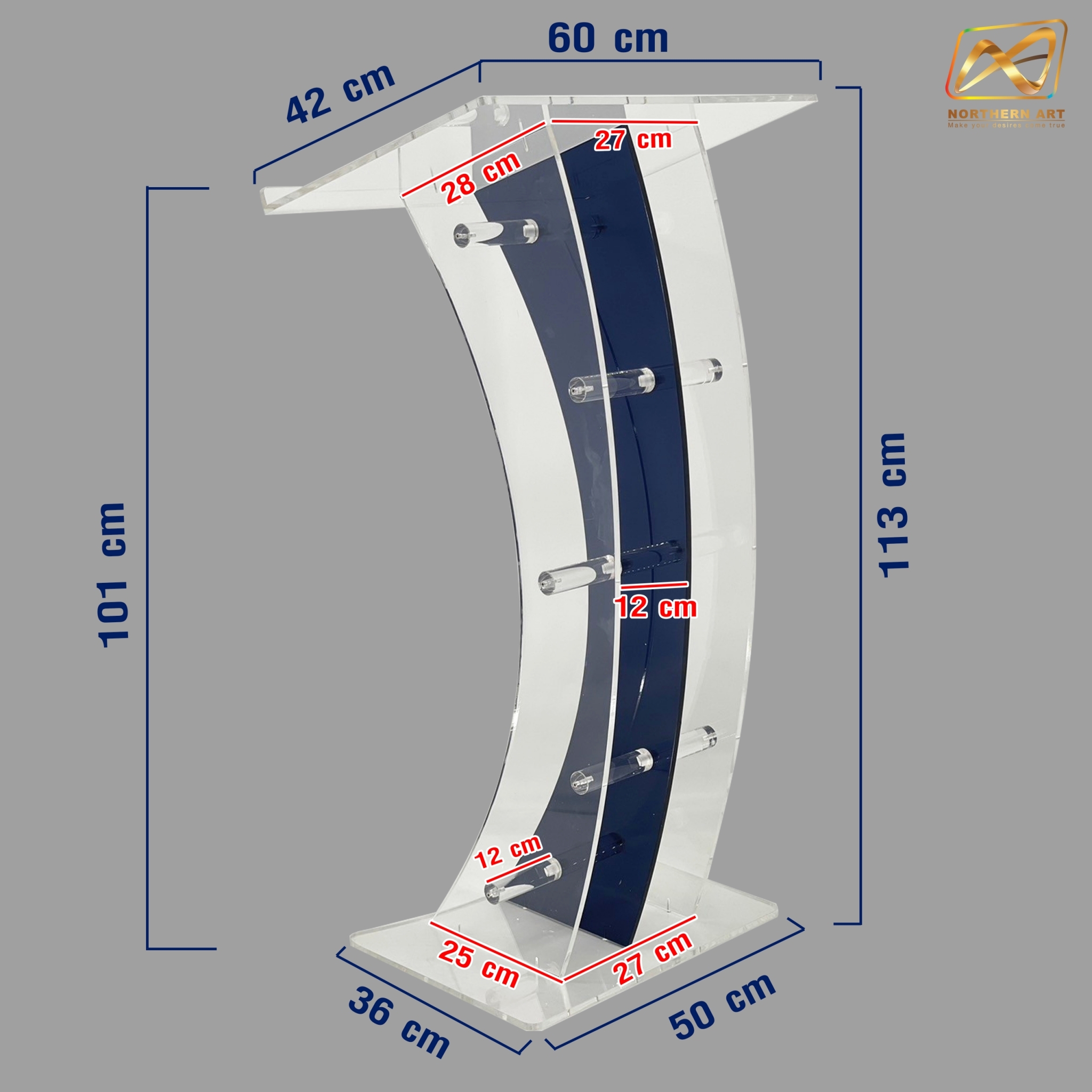 โพเดียมอะคริลิคใส และอะคริลิคสีน้ำเงิน ขนาด(W)60 x (L)42 x (H)113 cm. TOP เอียงพร้อมกันตก