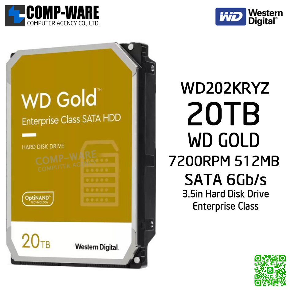WD Gold 20TB Enterprise Hard Disk Drive - 7200RPM SATA 6Gb/s 512MB Cache 3.5Inch - WD202KRYZ - 5Y Warranty