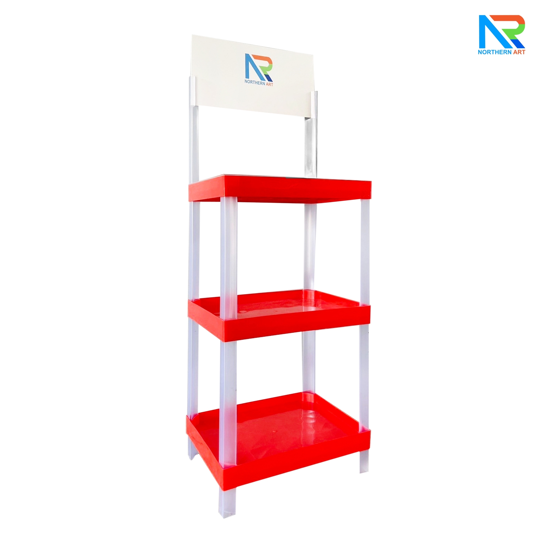 ชั้นวางสินค้าพลาสติก 3 ชั้น สีแดง ขนาด (W) 53 x (L) 35 x (H) 140 cm. น้ำหนักเบา ถอดประกอบได้