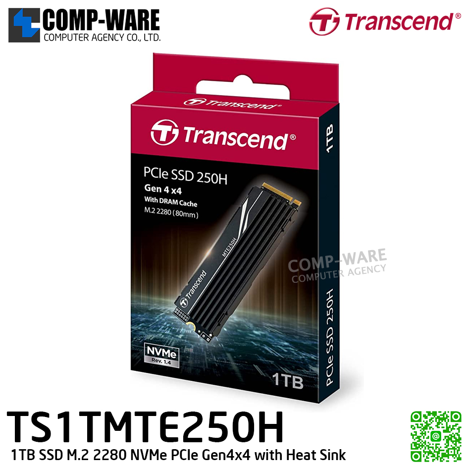Transcend MTE250H 1TB SSD M.2 2280 NVMe PCIe Gen4x4 with Heat Sink , 3D TLC , TS1TMTE250H - 5Y Warranty