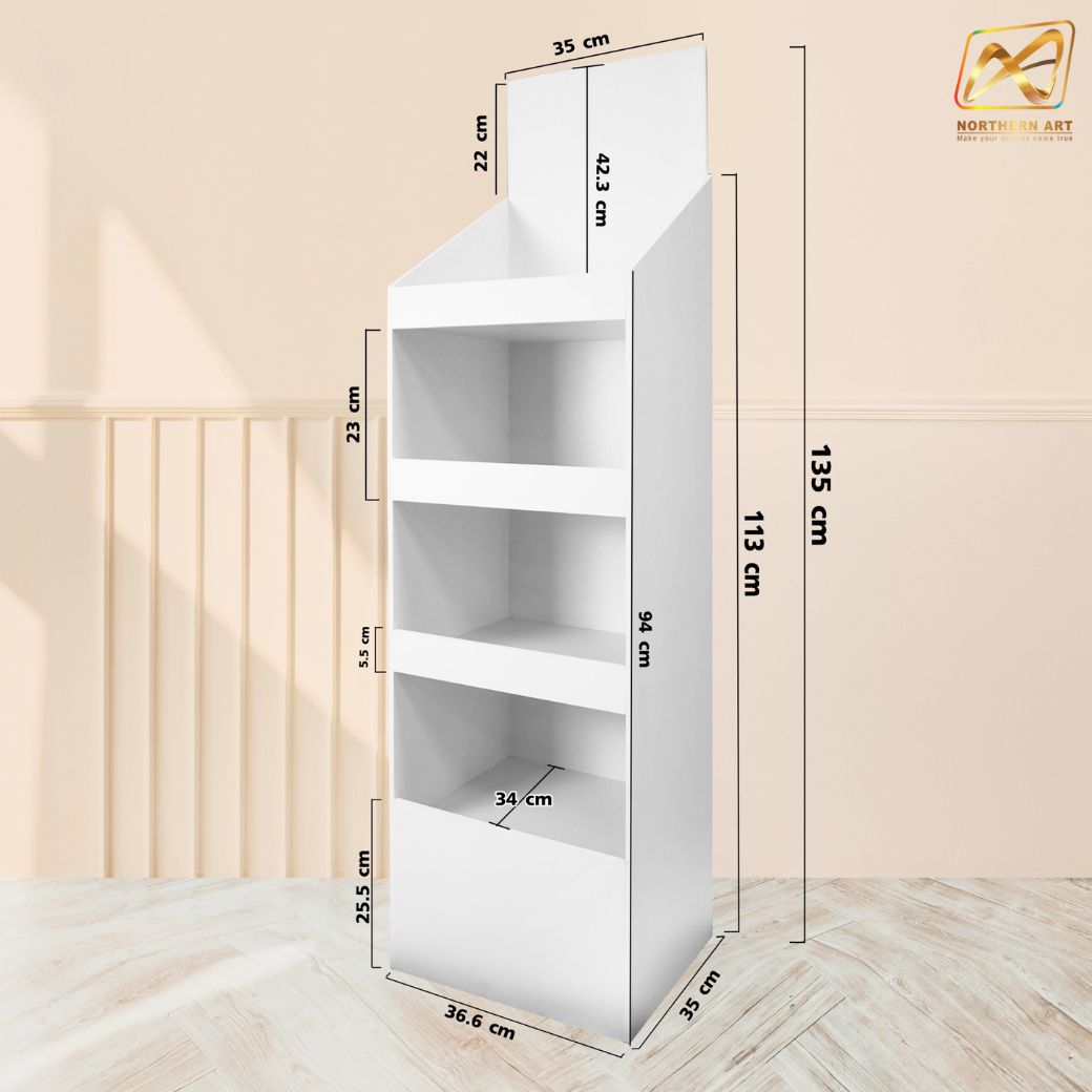 ชั้นวางสินค้าพลาสวูด 4 ชั้น ขนาด (W)36.5 x (D)35 x (W)135 ซม. พลาสวูดหนา 8 มม.พร้อมงานพิมพ์สติ๊กเกอร์