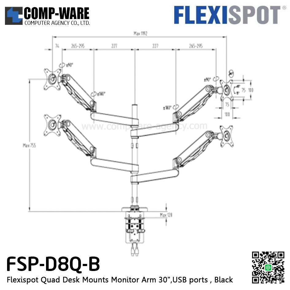 Flexispot FSP-D8Q-B Quad Desk Mounts Monitor Arm 30",USB ports , Black