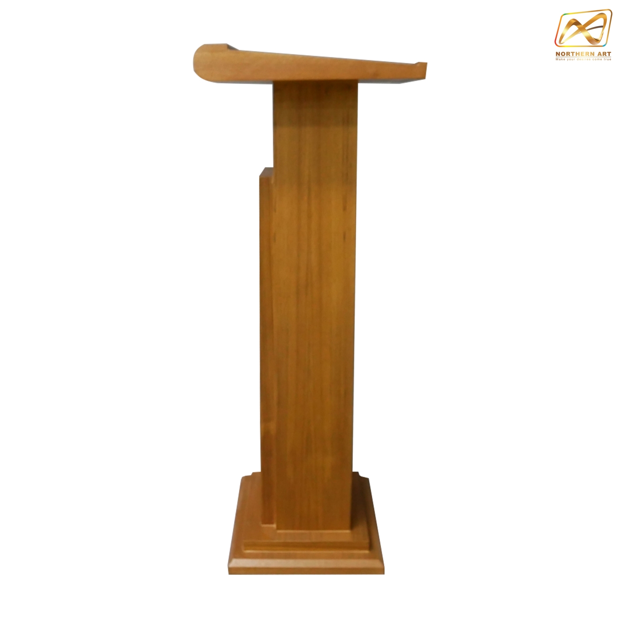 โพเดียมไม้ สีสัก ทรงโมเดิร์น TOPตรง ขนาด (W)55 x (L)42 x (H)109 cm. พร้อมชั้นวางของ