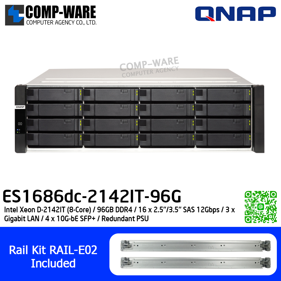 QNAP (3U 16-Bay) ES1686dc-2142IT-96G / Intel Xeon D-2142IT (8-Core) / 96GB DDR4 / 16 x 2.5"/3.5" SAS 12Gbps / 3 x Gigabit LAN / 4 x 10G-bE SFP+ / Redundant PSU / 5Y Warranty / No HDD / Rail Kit RAIL-E02