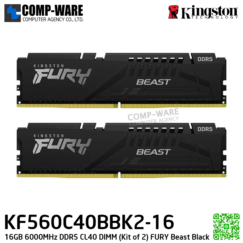 Kingston KF560C40BBK2-16 16GB 6000MHz DDR5 CL40 DIMM (Kit of 2) FURY Beast Black - Lifetime Warranty - Memory Module - RAM