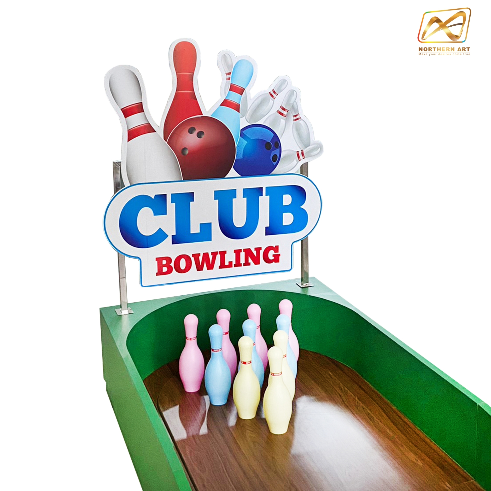 เช่าเกมส์โยนโบว์ลิ่ง Bowing ขนาด (W)95 x (L)358 x (H)38+60 cm.พร้อมชุดพินโบว์ลิ่งและลูกบอล 2 ลูก (ราคาพร้อมงานพิมพ์)