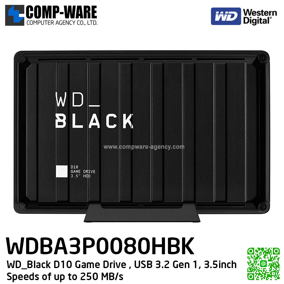 WD Black D10 Game Drive , 8TB, USB 3.2 Gen 1, 3.5inch , Speeds of up to 250 MB/s ( WDBA3P0080HBK-SESN ) รับประกัน 3 ปี