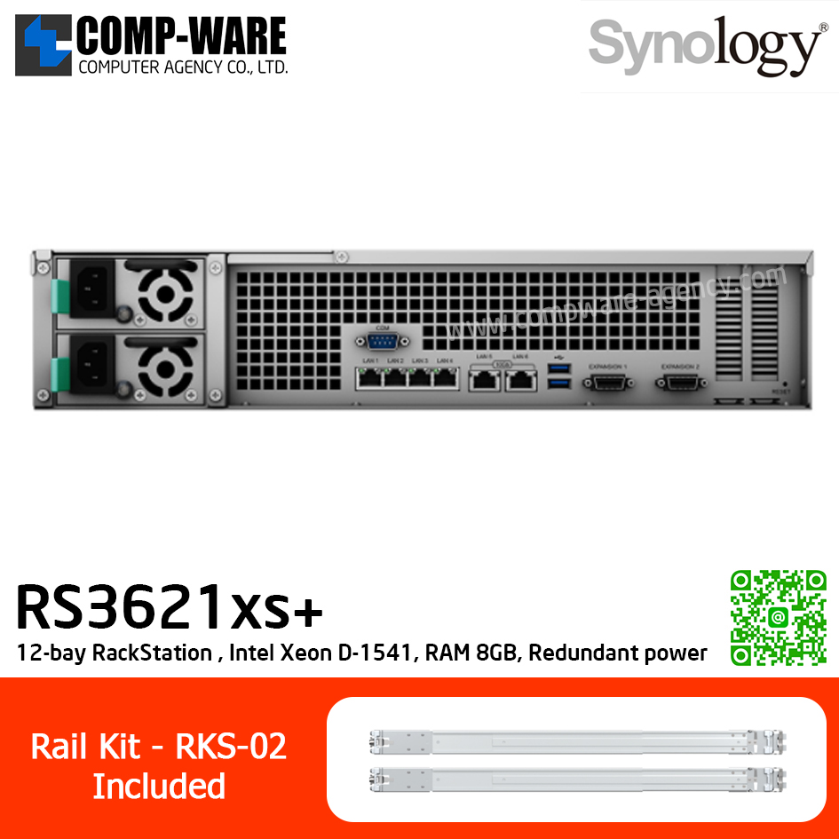Synology RackStation (2U 12-Bay) RS3621xs+ / Intel Xeon D-1541 8-Core / 8GB ECC UDIMM RAM (Max.64GB) / 2x10GbE Base T, 4x1GbE Base T / Redundant power / Rail Kit RKS-02 / 5Y Warranty / No HDD