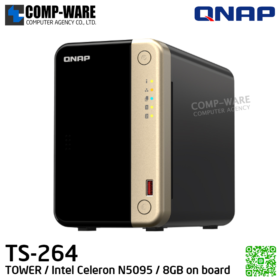 QNAP (Tower 2-Bay) TS-264-8G / Intel Celeron N5095 / 8GB on board / 2 x 3.5-inch SATA 6Gb/s / 2 x M.2 2280 PCIe Gen3 / 2 x 2.5GbE / 1 x HDMI / Adapter Power / 3Y Warranty / No HDD