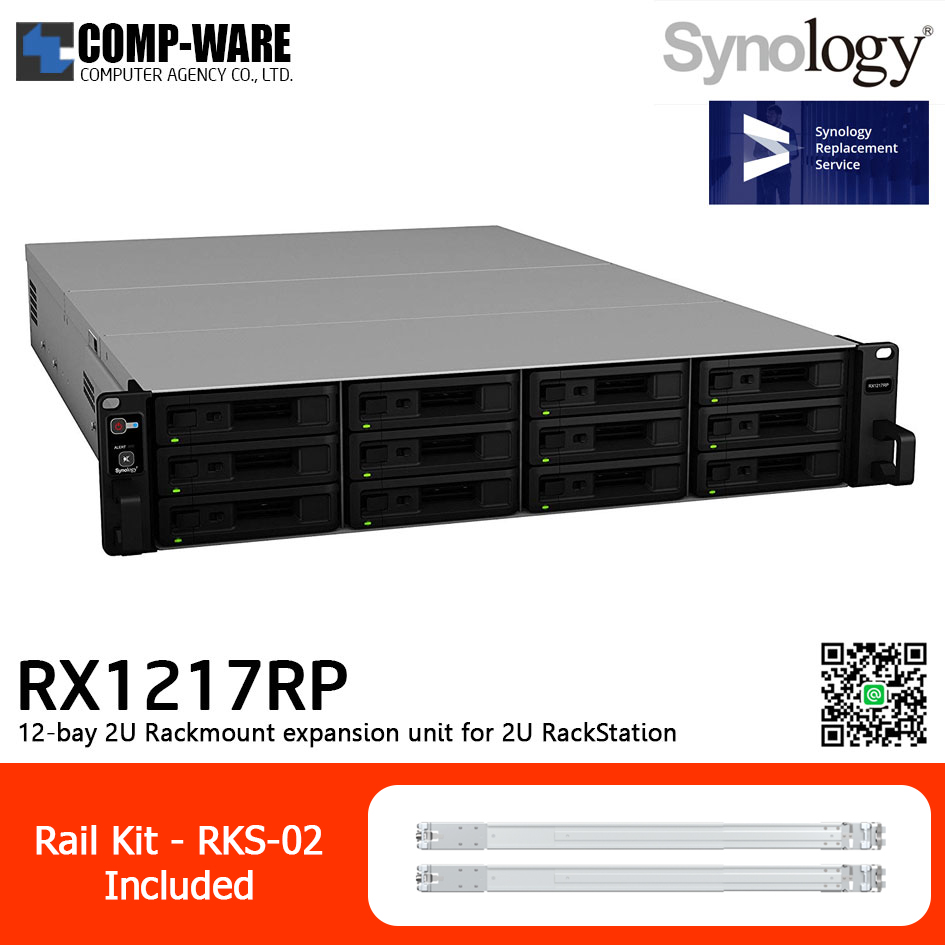 Synology Expansion Unit (2U 12-Bay) RX1217RP / Rail Kit RKS-02 / No HDD / 5 Year Warranty