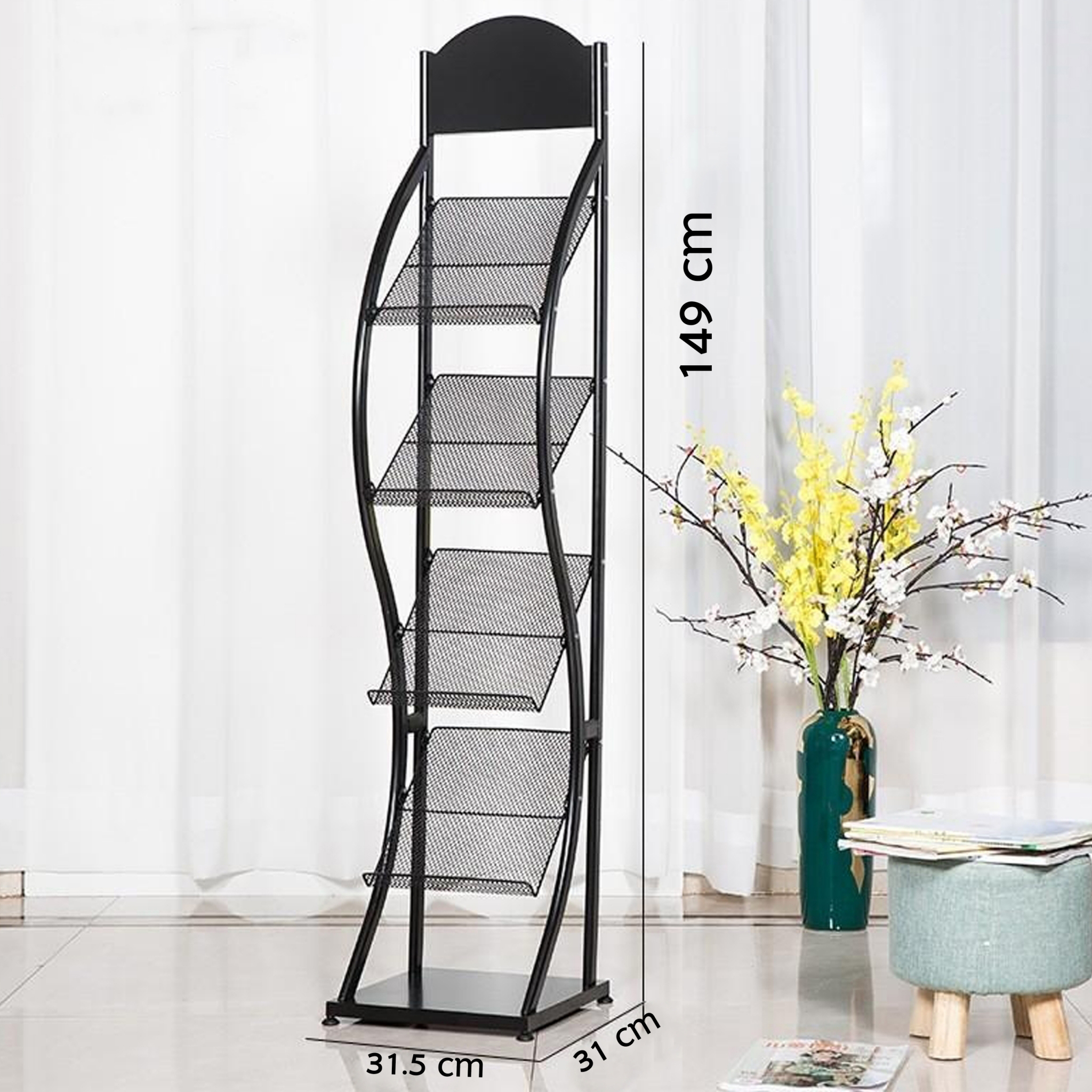 ชั้นวางโบรชัวร์เหล็กA4 สีดำ 4 ชั้น ทรง S ขนาด (W)31.5 X (L)31 X (H)149 cm. ถอดประกอบได้