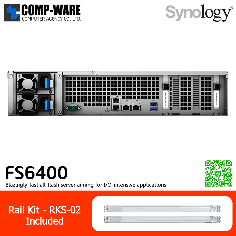 Synology FlashStation (2U 24-Bay 2.5'' SAS/SATA All-flash storage) FS6400 / 2 x Intel Xeon Silver 4110 / 32GB DDR4 RDIMM (Max. 512GB) / 2x1GbE Base T, 2x10GbE Base T / Redundant Power / Rail kit RKS-02 / No HDD / 5Y Warranty