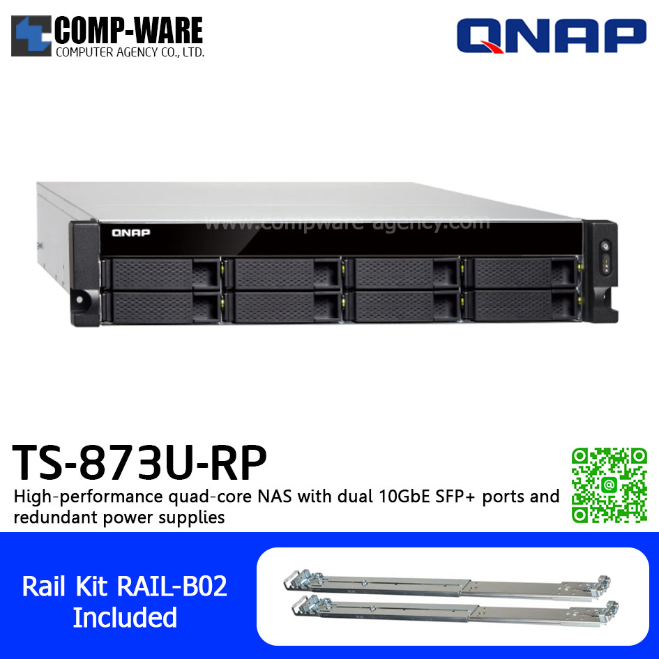 QNAP NAS (2U 8-Bay) TS-873U-RP-8G (8GB RAM up to 64GB) AMD R-Series RX-421ND , 2 x 10GbE SFP+ ,Redundant Power Supply w/Rail Kit RAIL-B02, No HDD